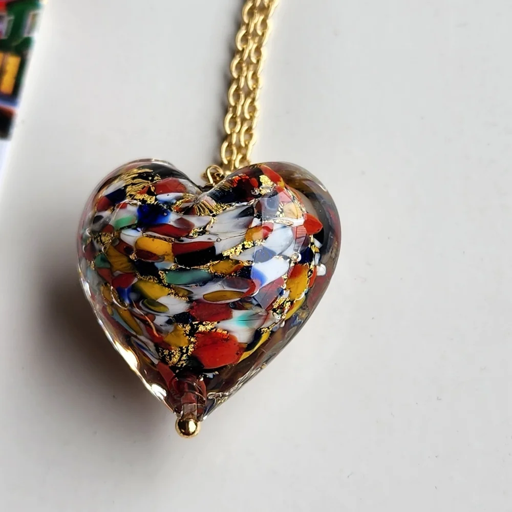 Murano Glass Blown Artsy Puffy Heart Necklace Dyadema Venetian Glass Gold Foil - Picture 3 of 5